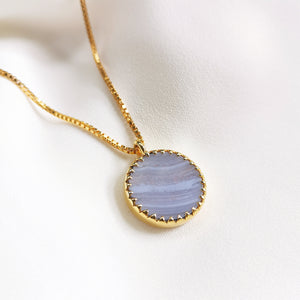 Blue Lace Agate Sliced Gemstone Necklace Gold Plated