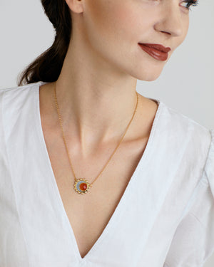 
                
                    Load image into Gallery viewer, Carnelian sun moon birthstone necklace rose cut cabochon
                
            