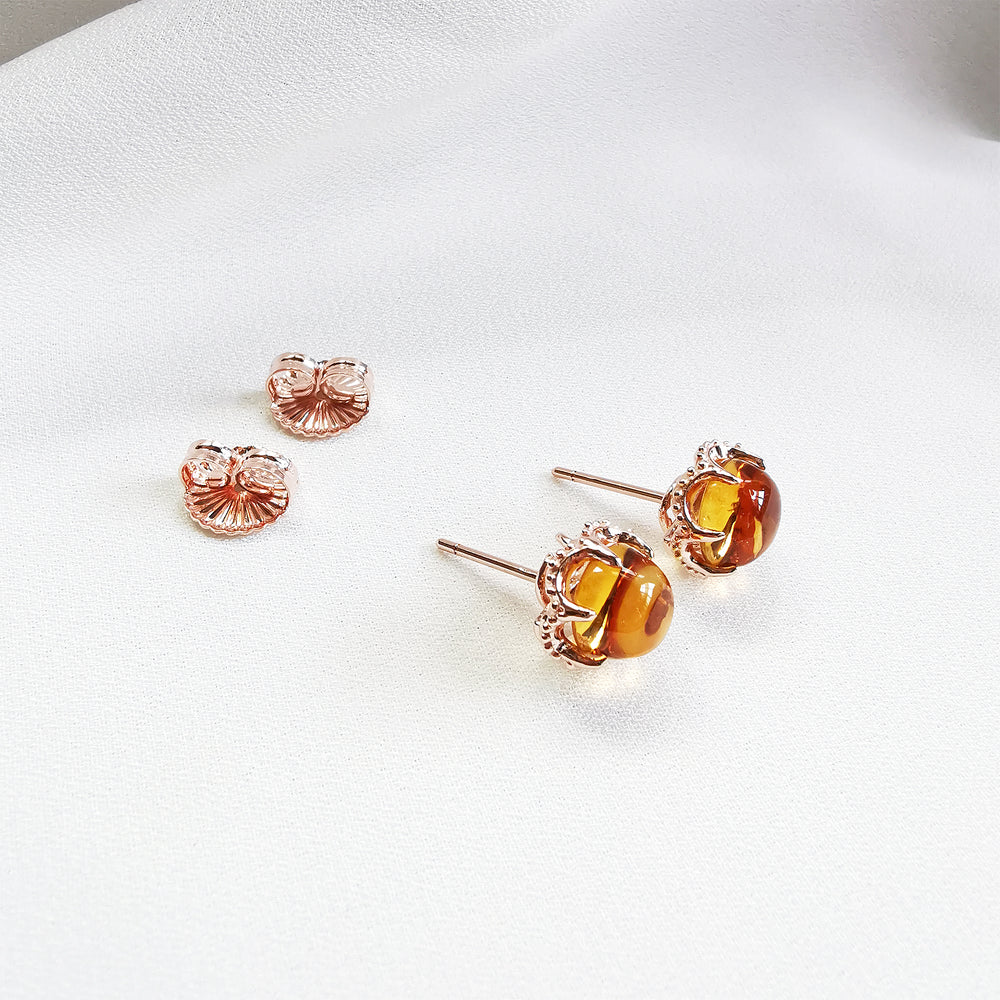 Clara Citrine Round Cabochon Stud Earrings - Rose Gold Plated