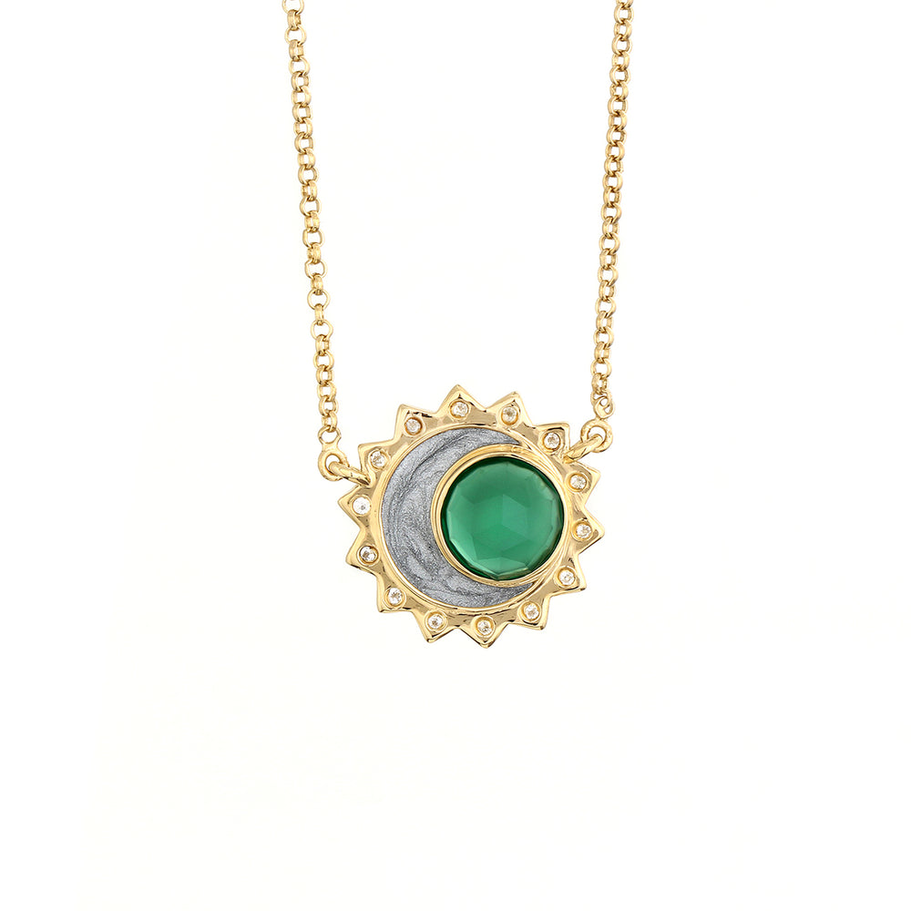 Green Onyx Rose Cut Cabochon Celestial Birthstone Necklace - May
