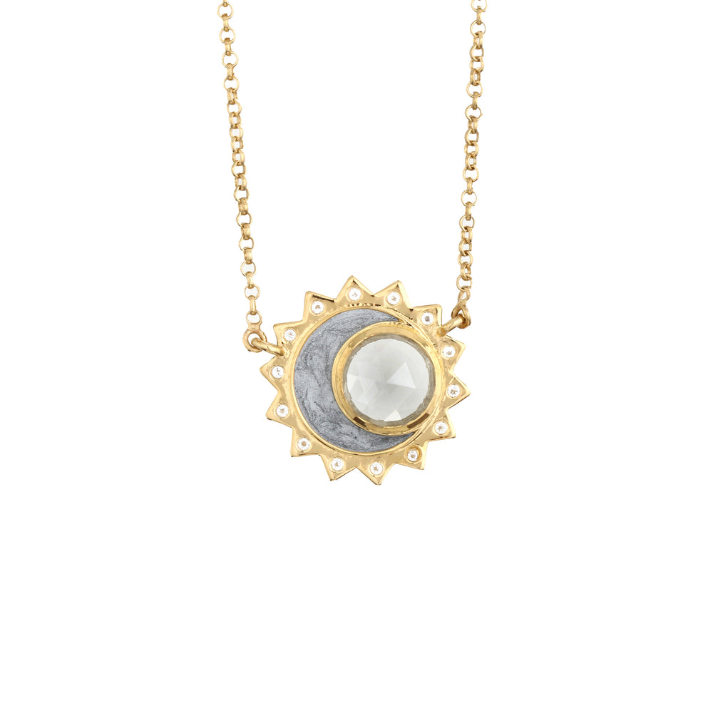 
                
                    Load image into Gallery viewer, White topaz sun moon birthstone sterling silver gold plated necklace
                
            