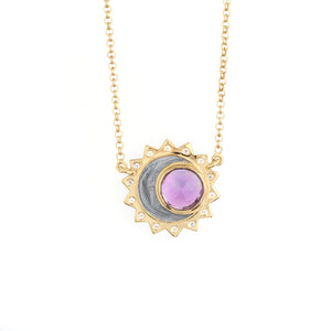 Amethyst birthstone sun moon necklace sterling sliver gold plated