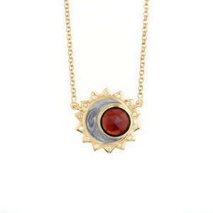 
                
                    Load image into Gallery viewer, Garnet birthstone sun moon necklace sterling silver gold plated
                
            