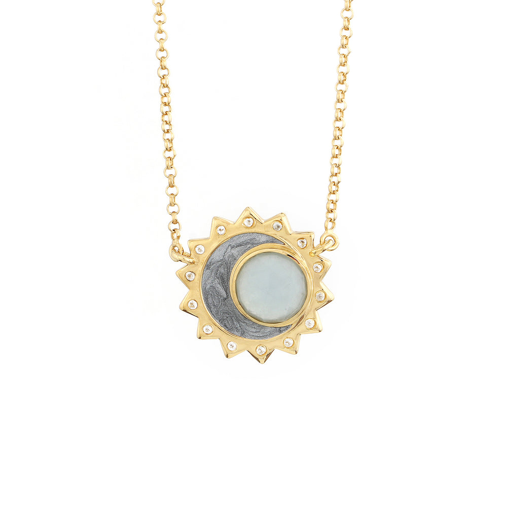 Aquamarine sun moon birthstone necklace sterling silver gold plated