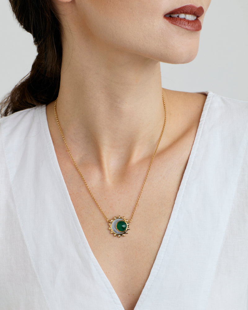 Green Onyx Rose Cut Cabochon Celestial Birthstone Necklace - May