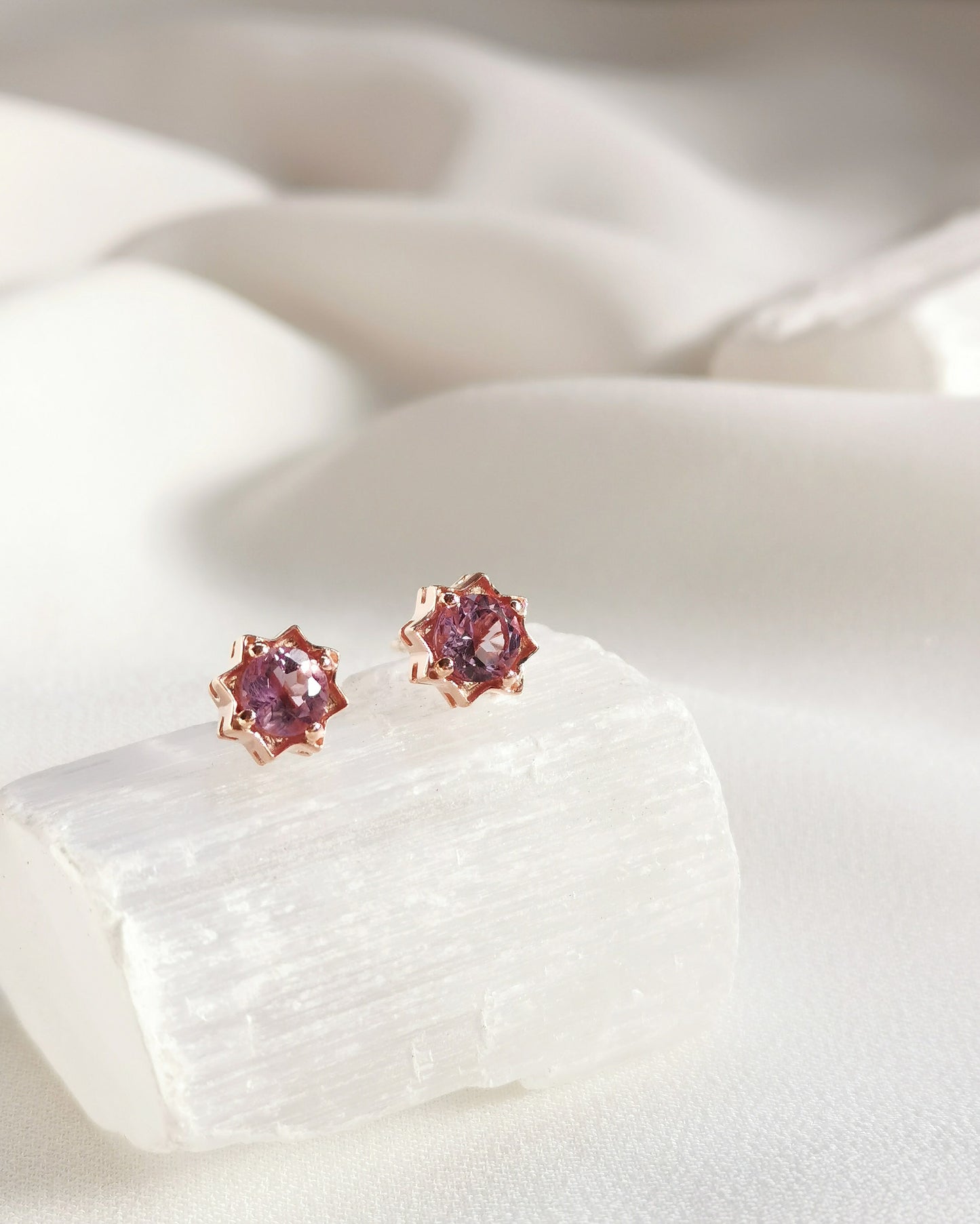 pink amethyst star rose gold earring