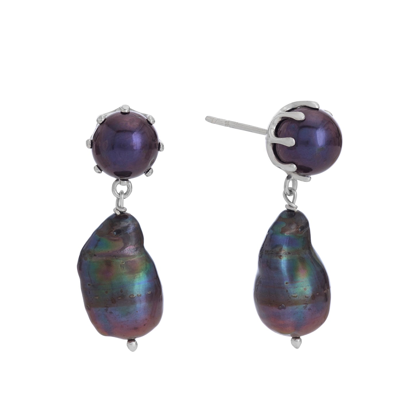 Contemporary styled black fresh water pearl sterling silver dangle earrings