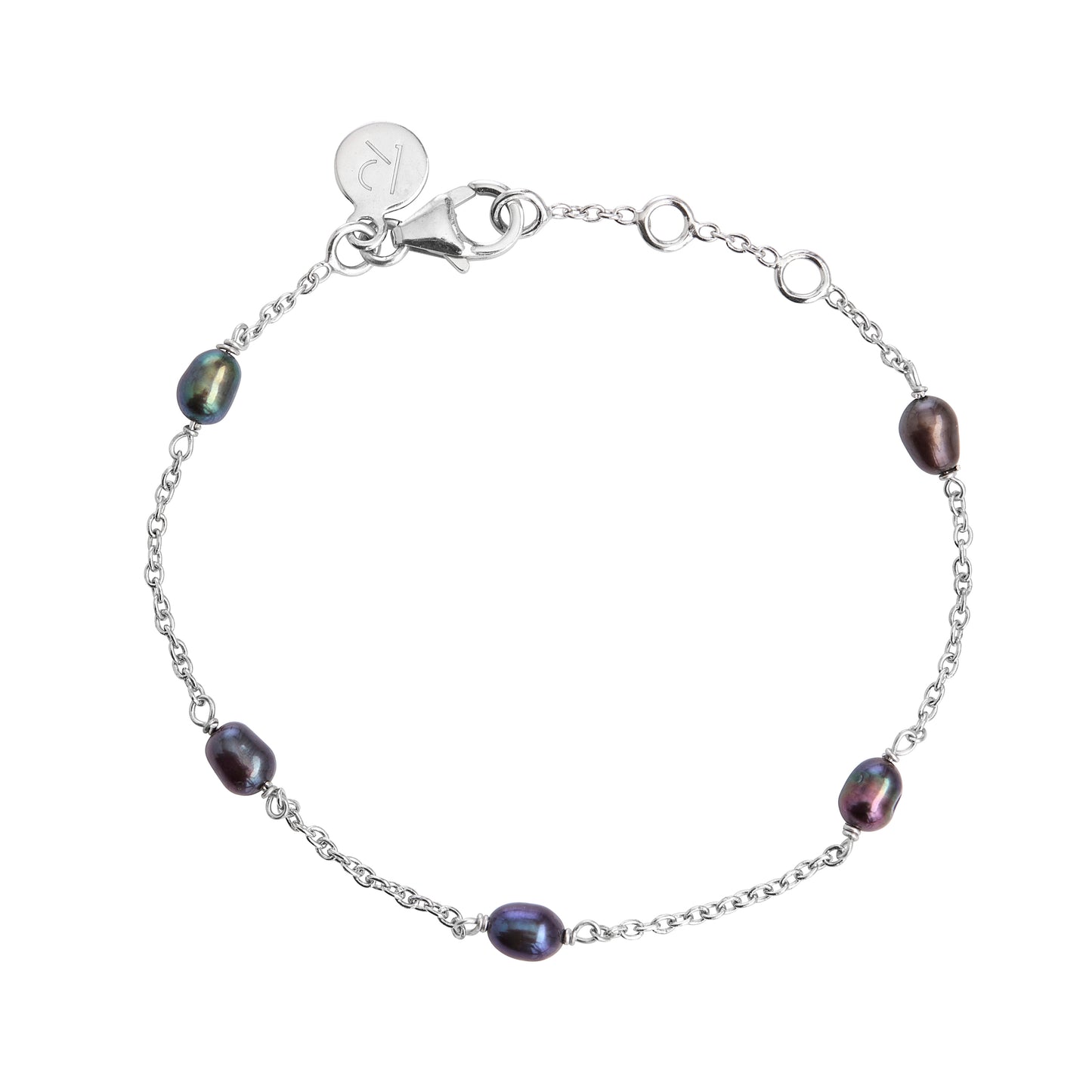 Black fresh water pearl sterling silver chain bracelet