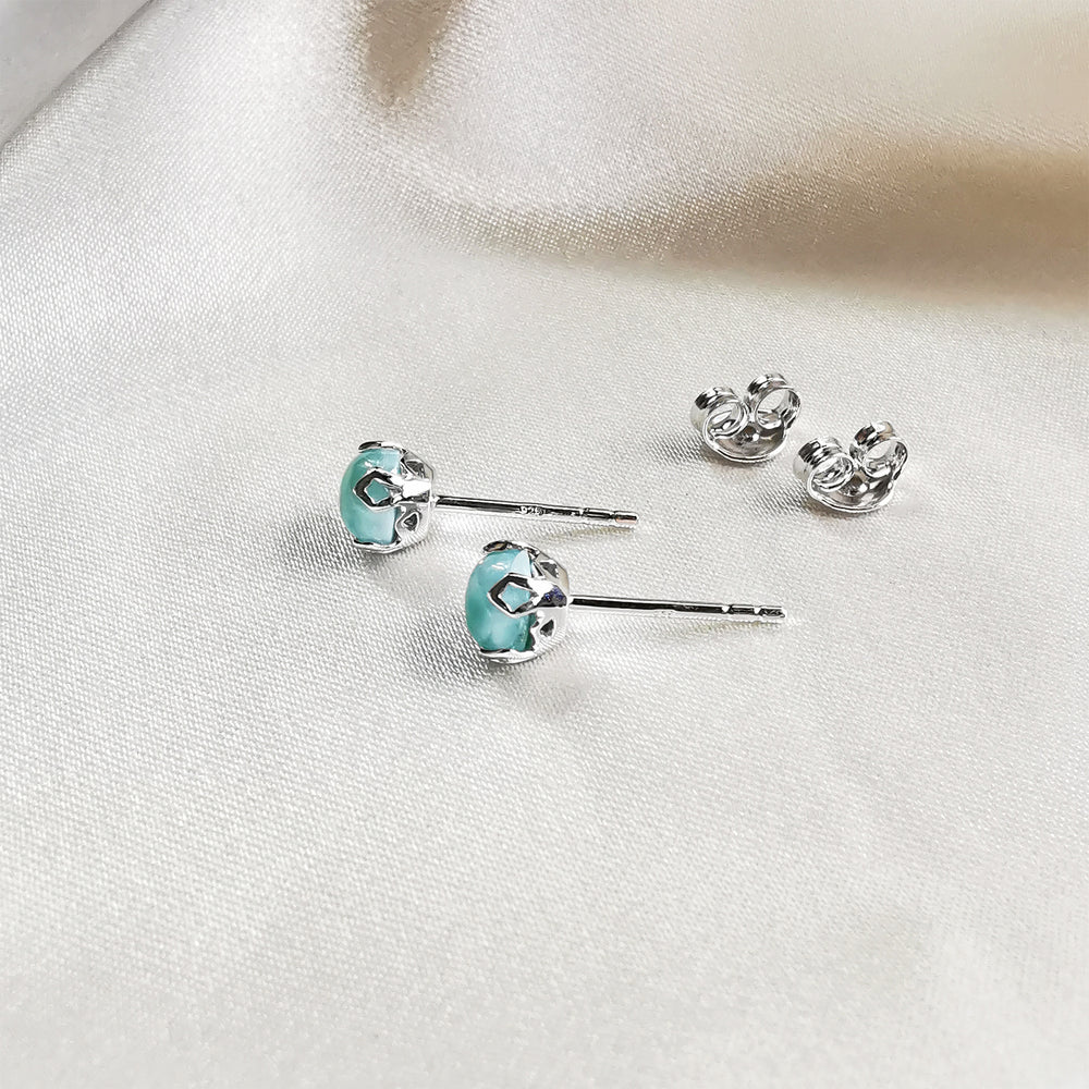 
                
                    Load image into Gallery viewer, Rhodium plated Larimar Round Stud Earrings
                
            