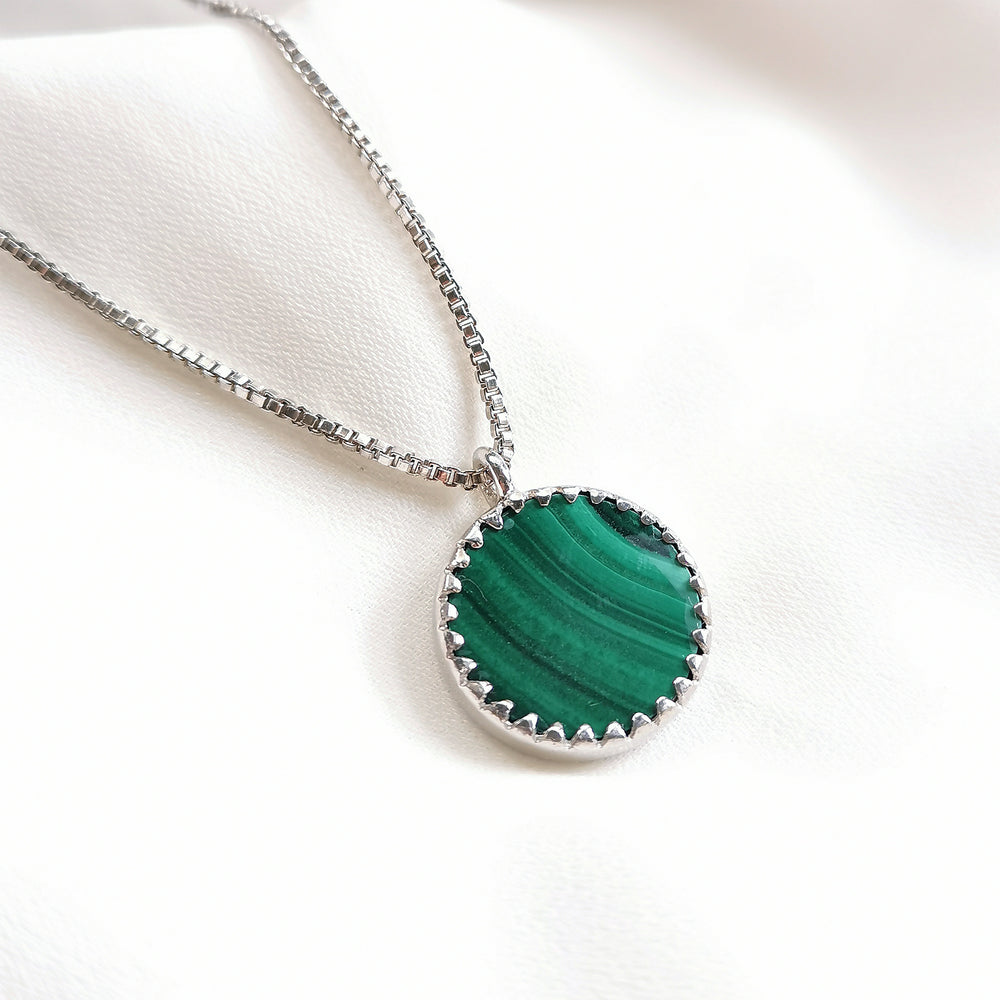 Malachite sliced gemstone pendant sterling silver necklace 