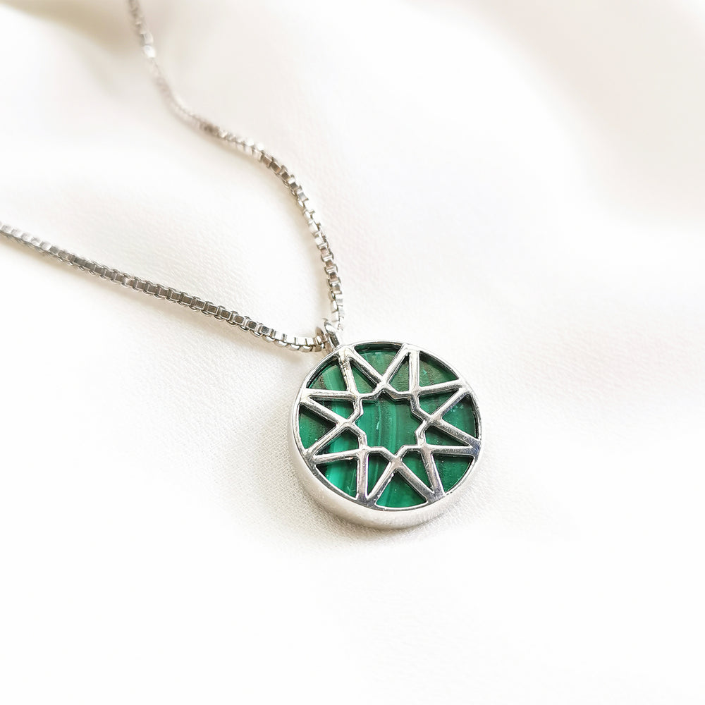 8 point star Malachite sliced gemstone pendant sterling silver necklace 