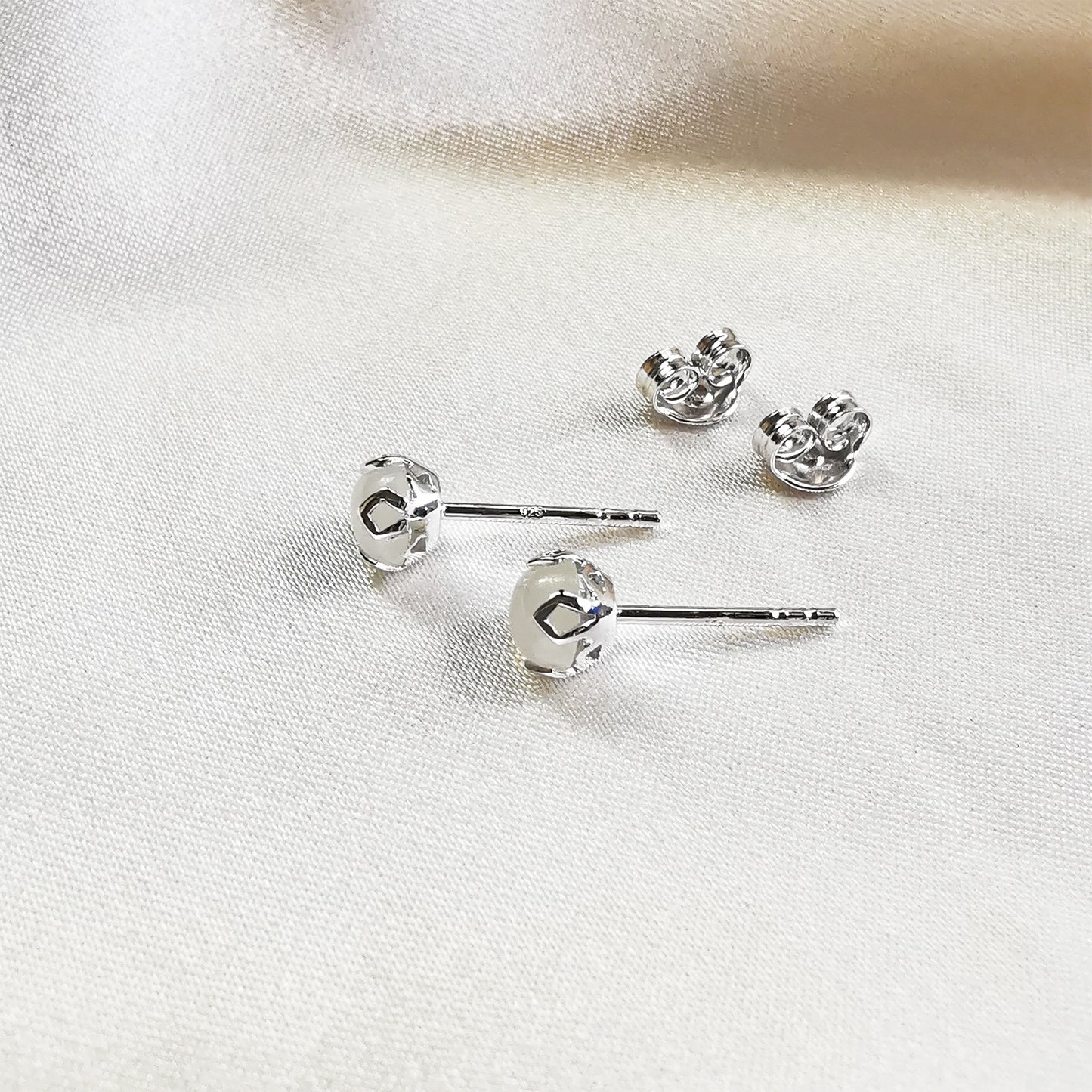 rhodium plated White Moonstone Round Stud Earrings