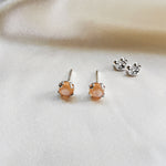 Orange Moonstone Round Cabochon Stud Earrings - Sterling Silver