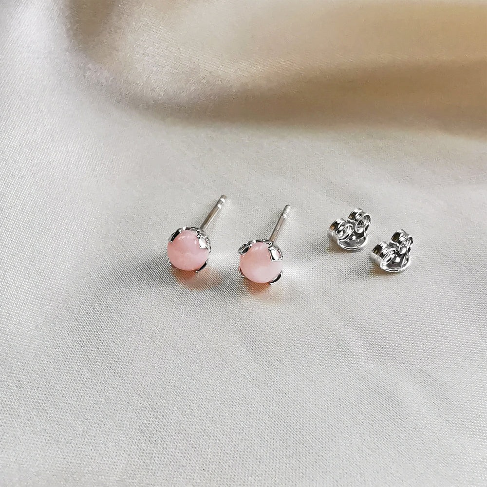 Pink Opal Round Cabochon Stud Earrings - Sterling Silver
