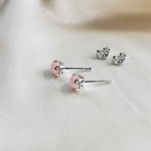
                
                    Load image into Gallery viewer, rhodium plated pink opal round stud earrings
                
            