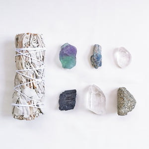White sage, fluorite, kyanite, clear quartz, black tourmaline, quartz point, pyrite 