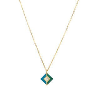 Malachite, Blue Agate & White Topaz Square Pendant Gold Necklace