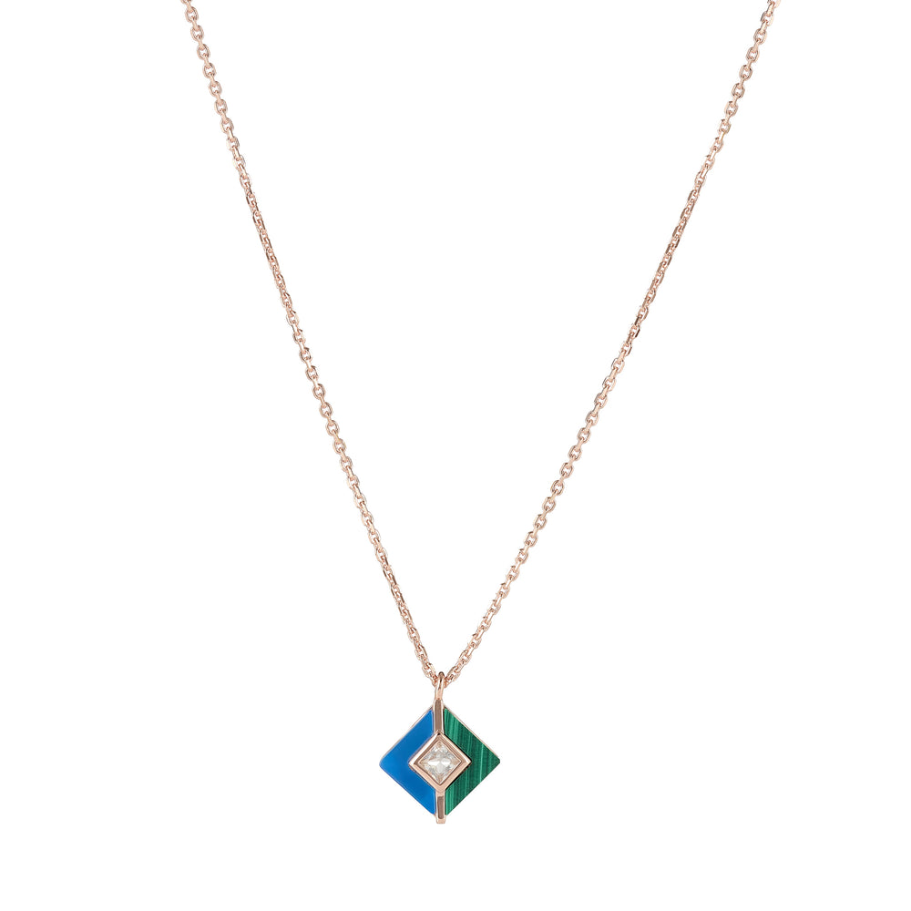 Malachite, Blue Agate & White Topaz Square Rose Gold Necklace