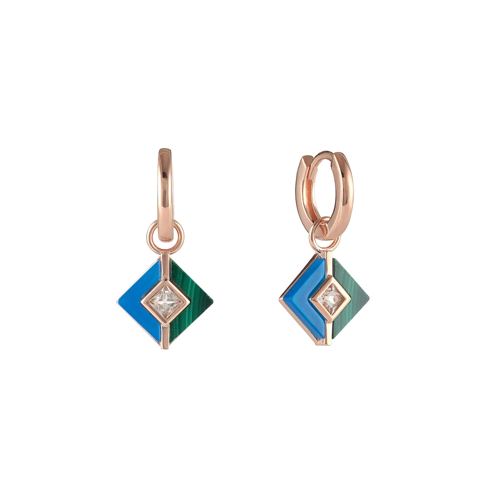 Malachite, Blue Agate & White Topaz Square Dangle Earrings - Rose Gold