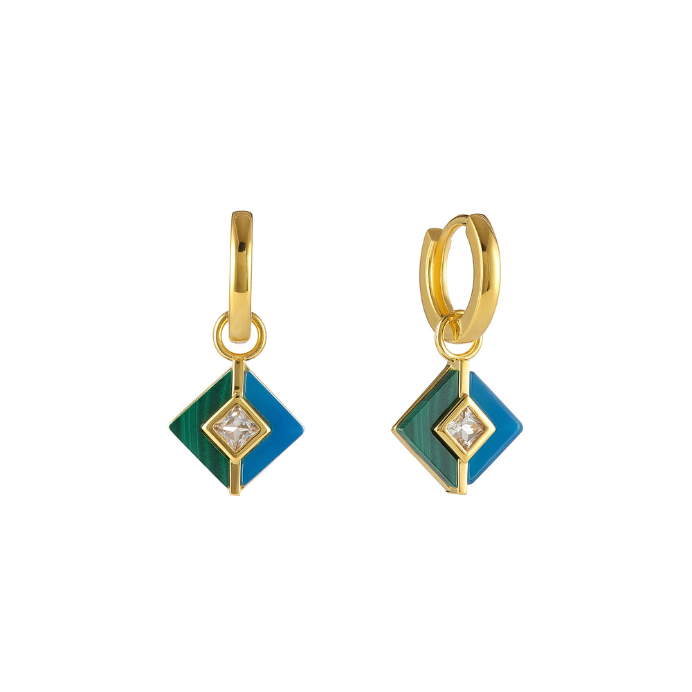 Malachite, Blue Agate & White Topaz Square Dangle Earrings - Gold