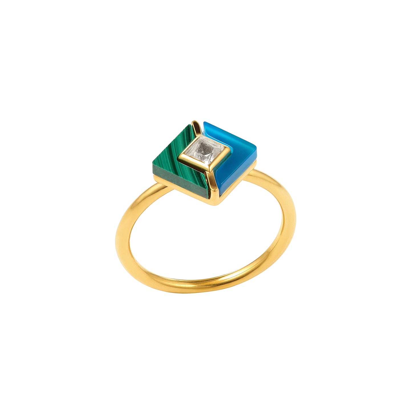 Malachite, Blue Agate & White Topaz Square Gold Ring