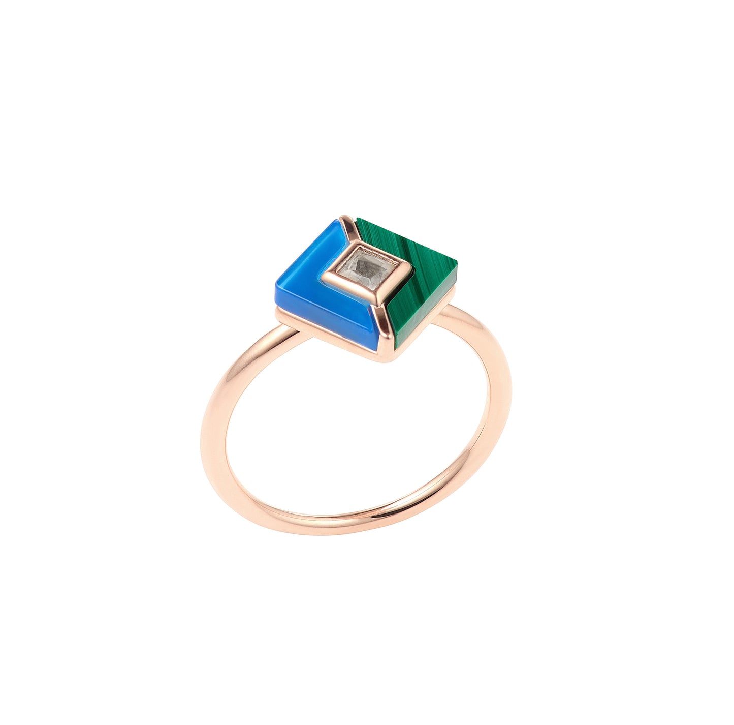 Malachite, Blue Agate & White Topaz Square Rose Gold Ring