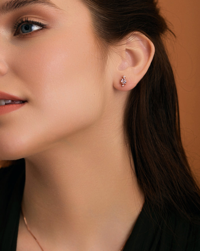 Pink Amethyst planet stud earrings on model