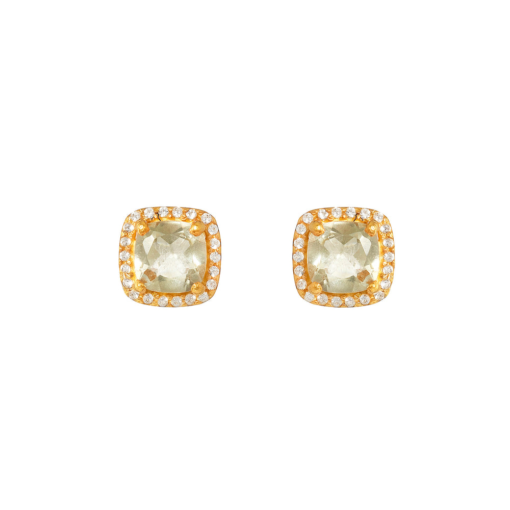 
                
                    Load image into Gallery viewer, Dawn Green Amethyst Cushion Halo Stud Earrings - Gold Plated
                
            
