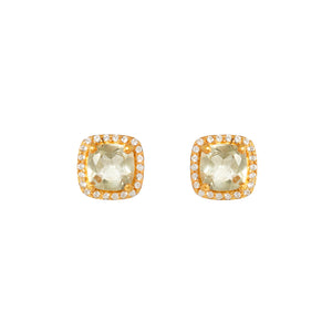 
                
                    Load image into Gallery viewer, Dawn Green Amethyst Cushion Halo Stud Earrings - Gold Plated
                
            