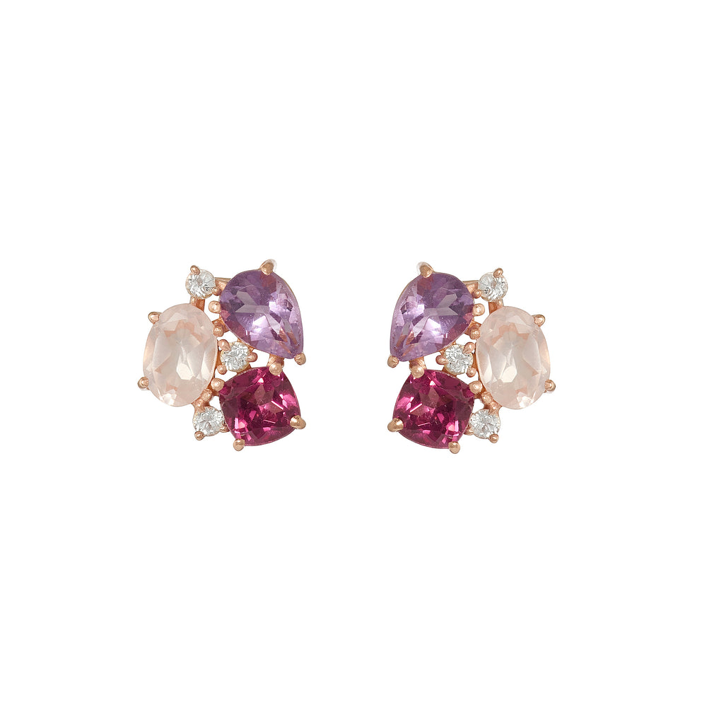 Pink Amethyst, Rose Quartz & Rhodolite Cluster Stud Earrings - Rose Gold Plated