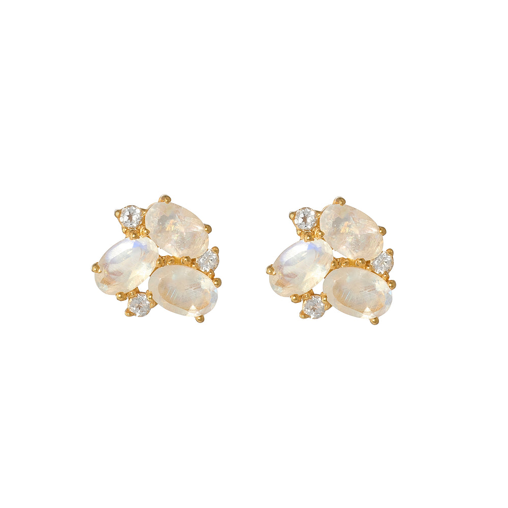 Celeste Rainbow Moonstone Oval Cluster Stud Earrings - Gold Plated