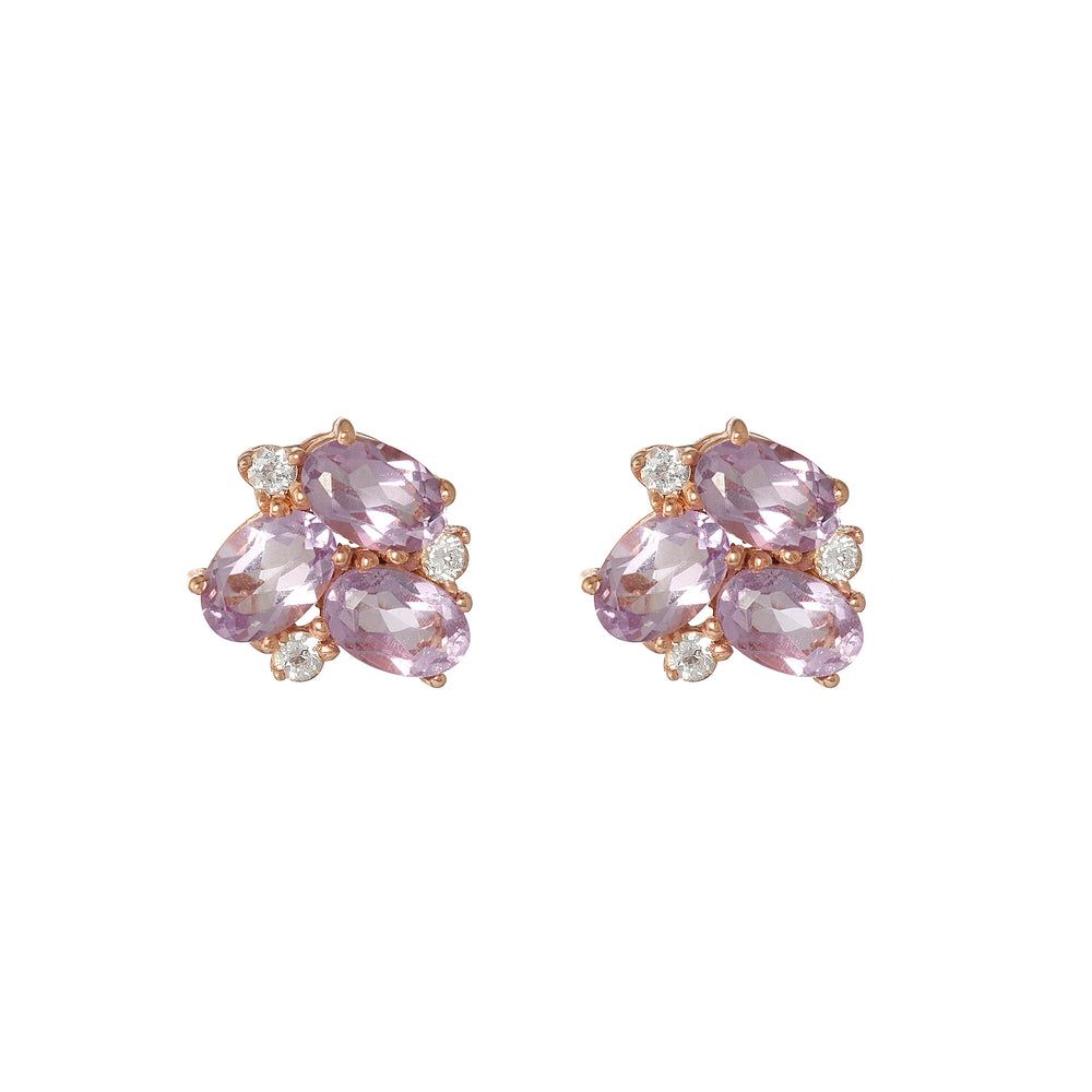 Ember Pink Amethyst Oval Cluster Stud Earrings - Rose Gold Plated