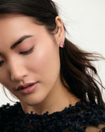 Pink Amethyst, Rose Quartz & Rhodolite Cluster Stud Earrings on model