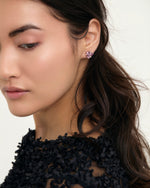 Pink amethyst oval cluster stud earrings on model