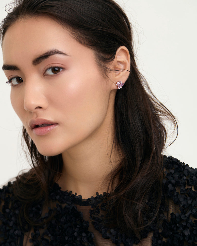 Pink amethyst oval cluster stud earrings on model