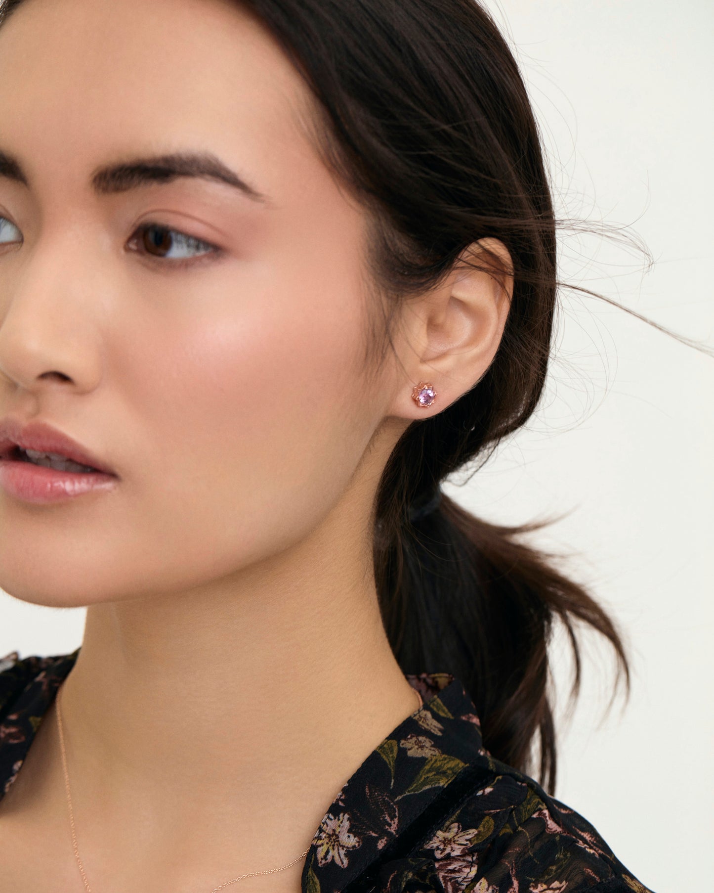 Pink Amethyst petite star gemstone earrings on model