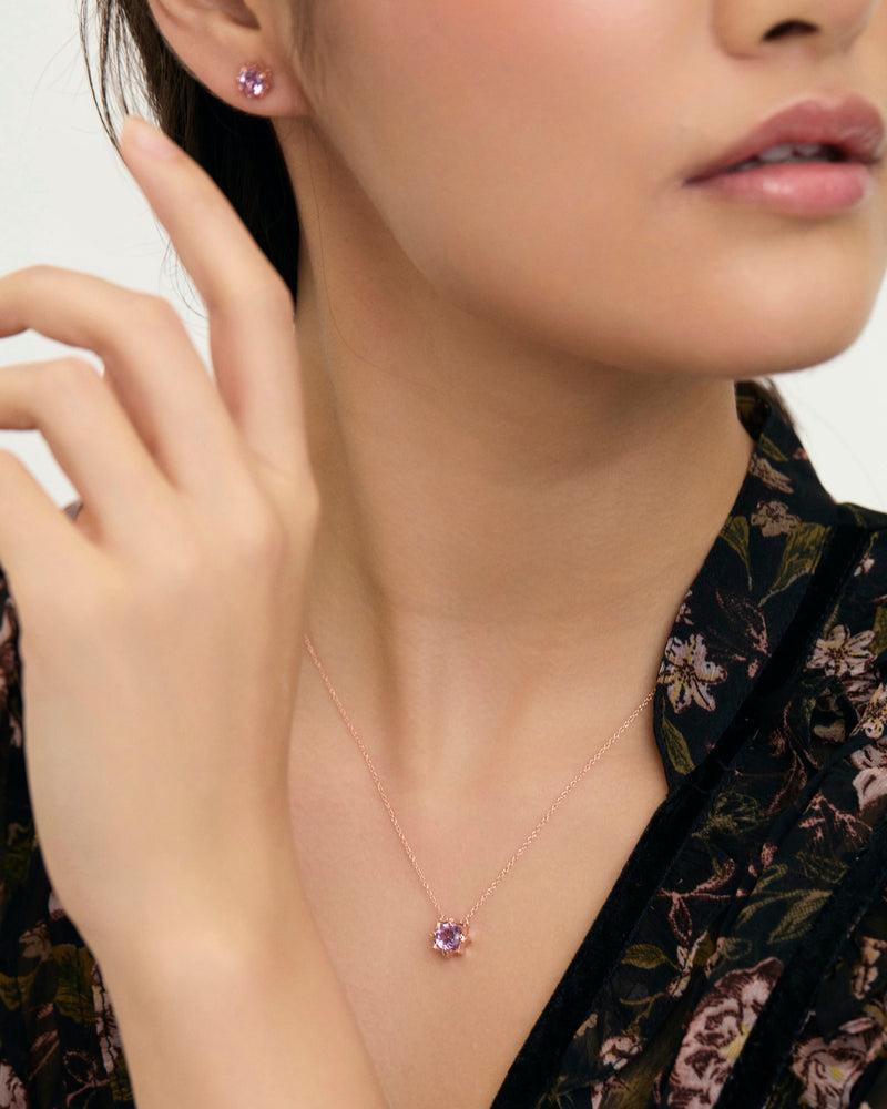 Pink Amethyst petite star gemstone necklace on model