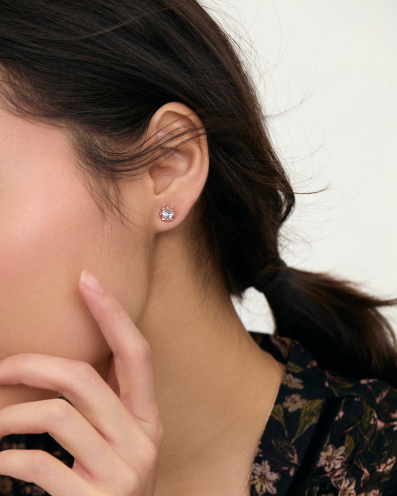 
                
                    Load image into Gallery viewer, Sky blue topaz petite star gemstone earrings on model
                
            