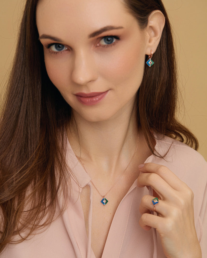 
                
                    Load image into Gallery viewer, Malachite, Blue Agate &amp;amp; White Topaz Square Rose Gold Necklace on model 
                
            