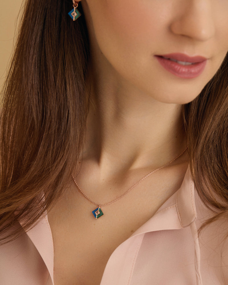 
                
                    Load image into Gallery viewer, Malachite, Blue Agate &amp;amp; White Topaz Square Rose Gold Necklace on model
                
            