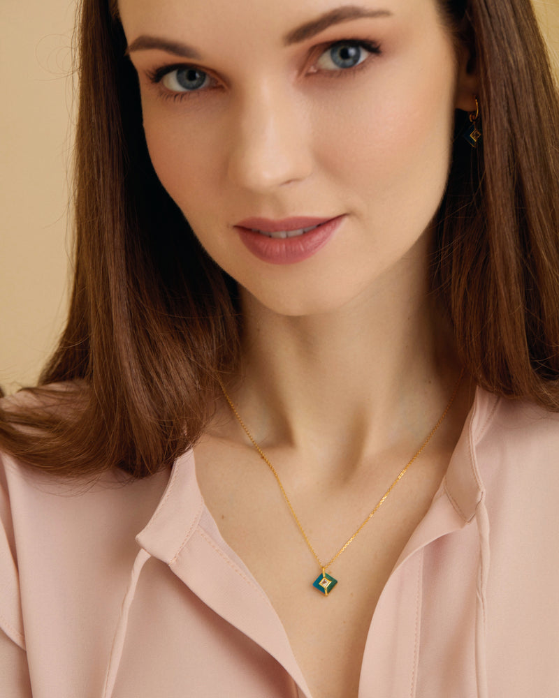 
                
                    Load image into Gallery viewer, Malachite, Blue Agate &amp;amp; White Topaz Square Pendant Gold Necklace on model
                
            