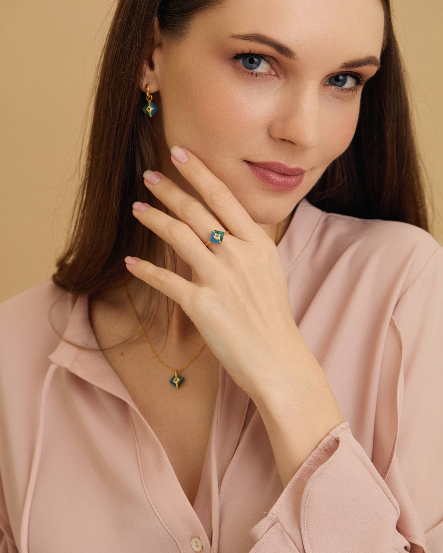 Malachite, Blue Agate & White Topaz Square Gold Ring on model