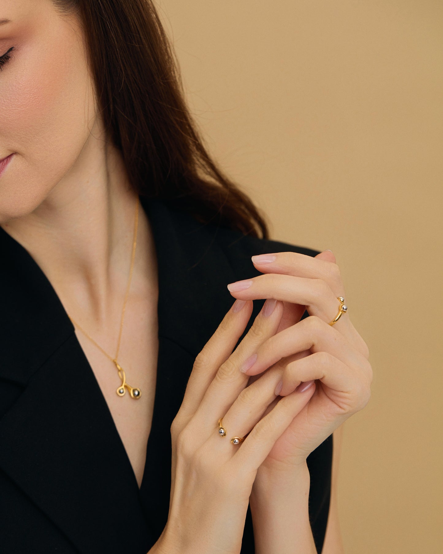 Seed inspired Two Tone Gold Silver Open Ring on model