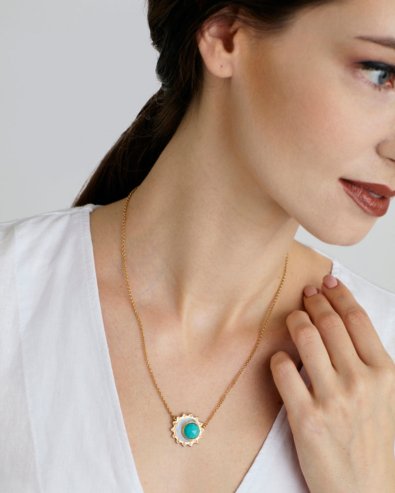 
                
                    Load image into Gallery viewer, Turquoise sun moon birthstone rose cut necklace
                
            