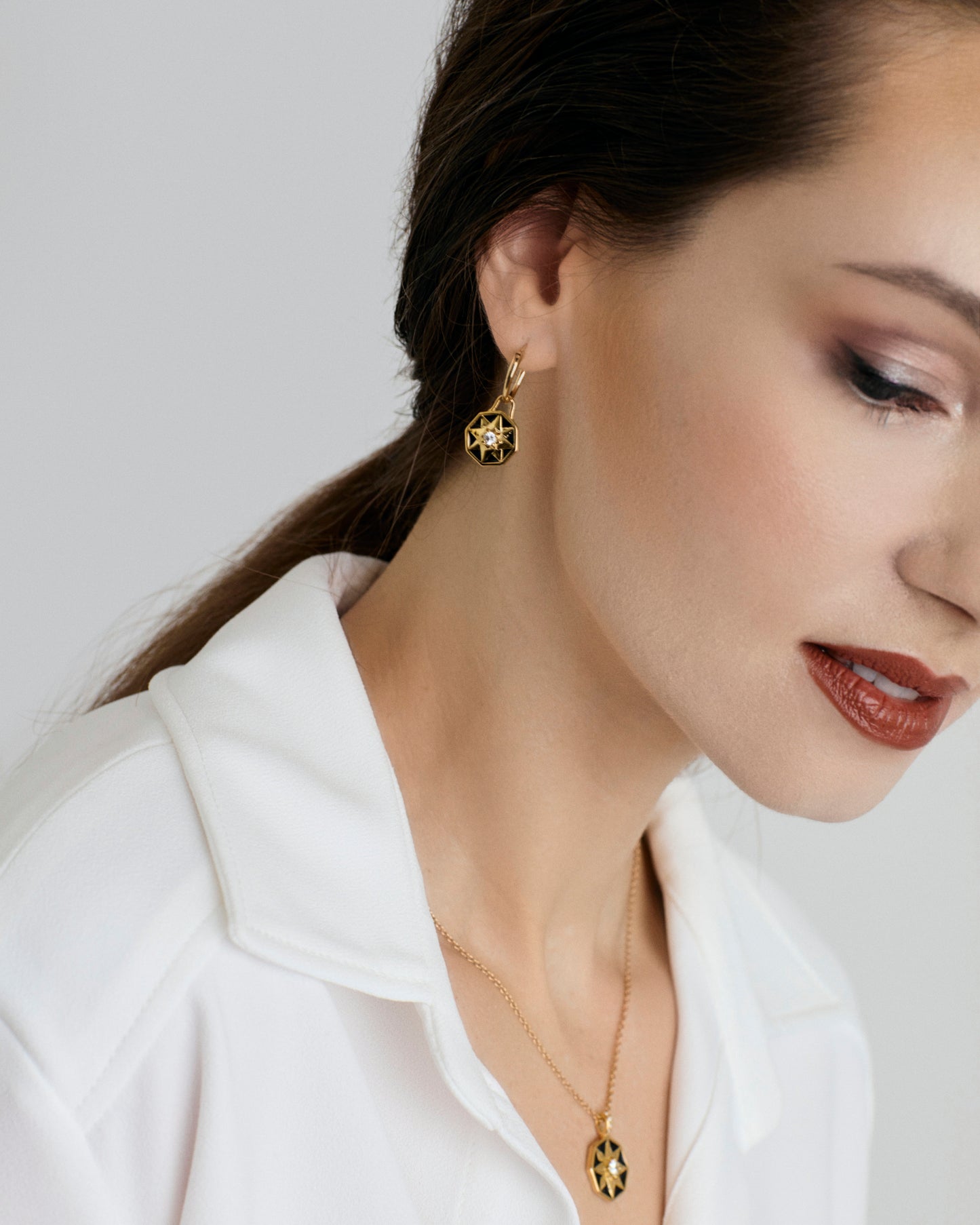 Hope White Zircon Star Hoop Earrings, Black enamel 