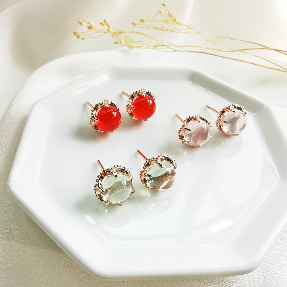 Clara Citrine Round Cabochon Stud Earrings - Rose Gold Plated