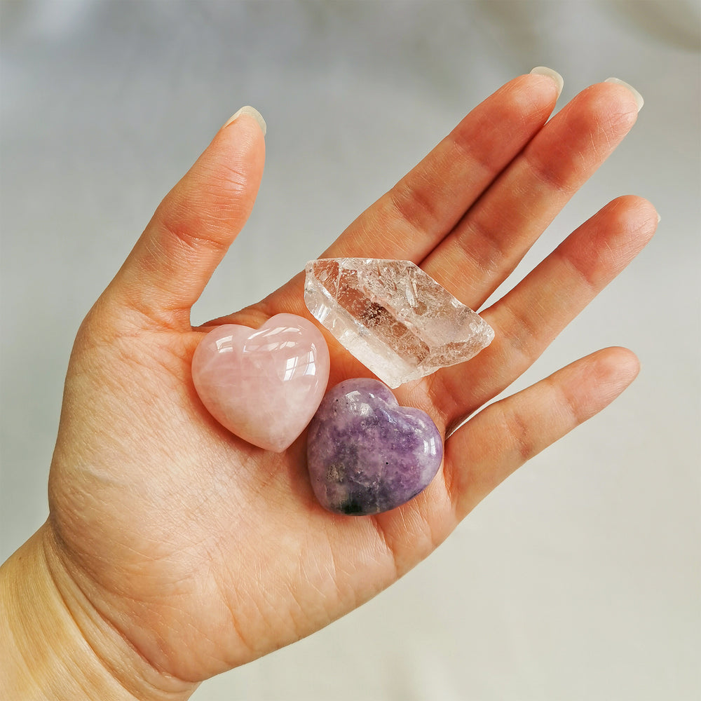 heart chakra crystals - rose quartz, lepidolite, clear quartz