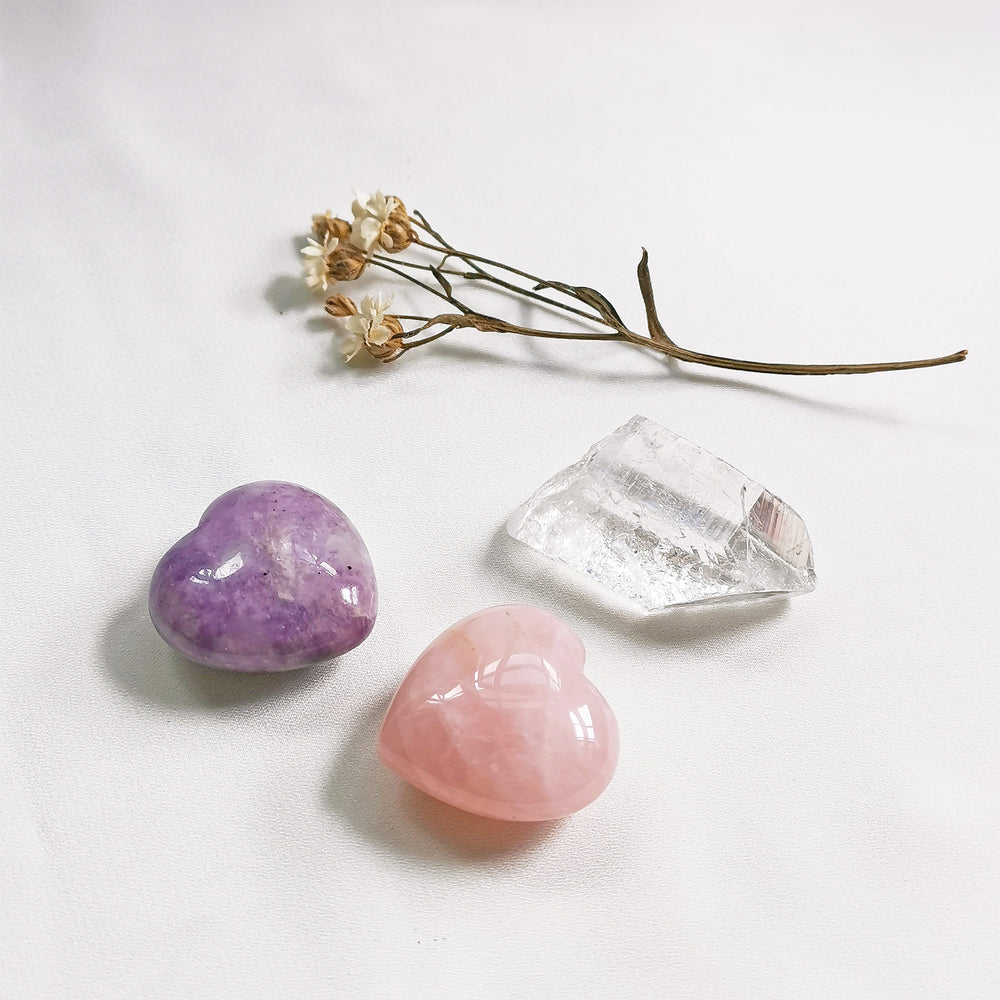 heart chakra crystals - rose quartz, lepidolite, clear quartz